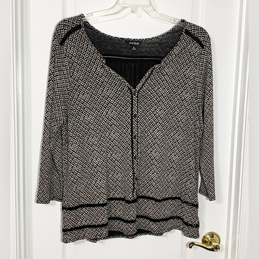 Lucky Brand LINEN Blend Crochet Trim Diamond Print Top Black Cream Size XL